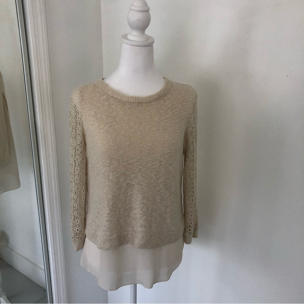 LUCKY BRAND Women’s Cream Crochet 3/4 Sleeve Layered Knit Blouse Sz M